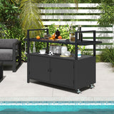 Tangkula Outdoor Bar Cart, Patiojoy Rolling Wicker Buffet Serving Cart with Tempered Glass Top