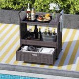 Tangkula Outdoor Rolling Wicker Bar Cart with Tempered Glass Top