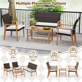 Tangkula PE Rattan Outdoor Cushioned Conversation Chairs with Acacia Wood Coffee Table