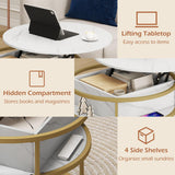 Tangkula Lift Top Coffee Table 31.5" Round Center Table with Hidden Compartment & Side Shelves