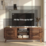 Tangkula Walnut Mid Century Modern TV Stand for 65” TVs with Grille-Style Sliding Doors