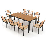 Tangkula 9 Piece Outdoor Dining Table & Chairs Set, Rectangular Table w/Acacia Wood Top & Umbrella Hole
