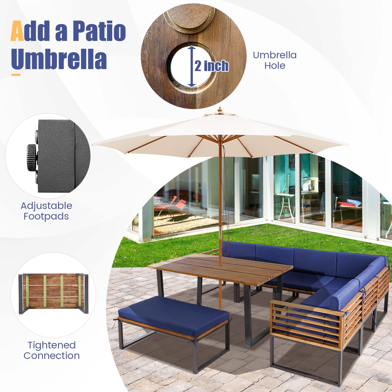 8 piece patio set with umbrella Tangkula 8 Piece Patio Dining Set, Acacia Wood Conversation Sofa Set – tangkula