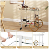 Tangkula Bar Cart for The Home, 2-Tier Rolling Tempered Glass Serving Cart, 2 Large Gold Aluminum Wheels & 2 Casters