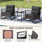 Tangkula 3 Piece Rocking Bistro Set PE Rattan Rocker Chairs with Acacia Wood Top Table