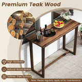 Tangkula 59 Inch Outdoor Bar Table Teak Wood Rectangle Patio Bar Height Pub Table with Slatted Top