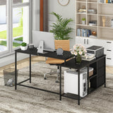 Tangkula L-Shaped Computer Desk with Power Outlet, Convertible Corner Desk with Drawers & Shelves