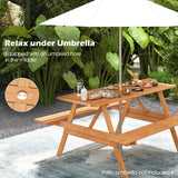 Tangkula Picnic Table with 2 Benches, Outdoor Hardwood Picnic Table Bench Set with 2-Inch Umbrella Hole, Slatted Tabletop & Seat