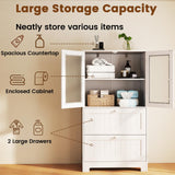 Tangkula Bathroom Floor Storage Cabinet with 2 Drawers and 2 Frosted Glass Doors