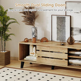 Mid Century Modern TV Stand for 80 Inch TVs with Sliding Door Cabinets and Storage Shelves