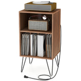 Tangkula Record Player Stand with Charging Station, Turntable Stand with Metal Legs, Vinyl Record Storage Cabinet