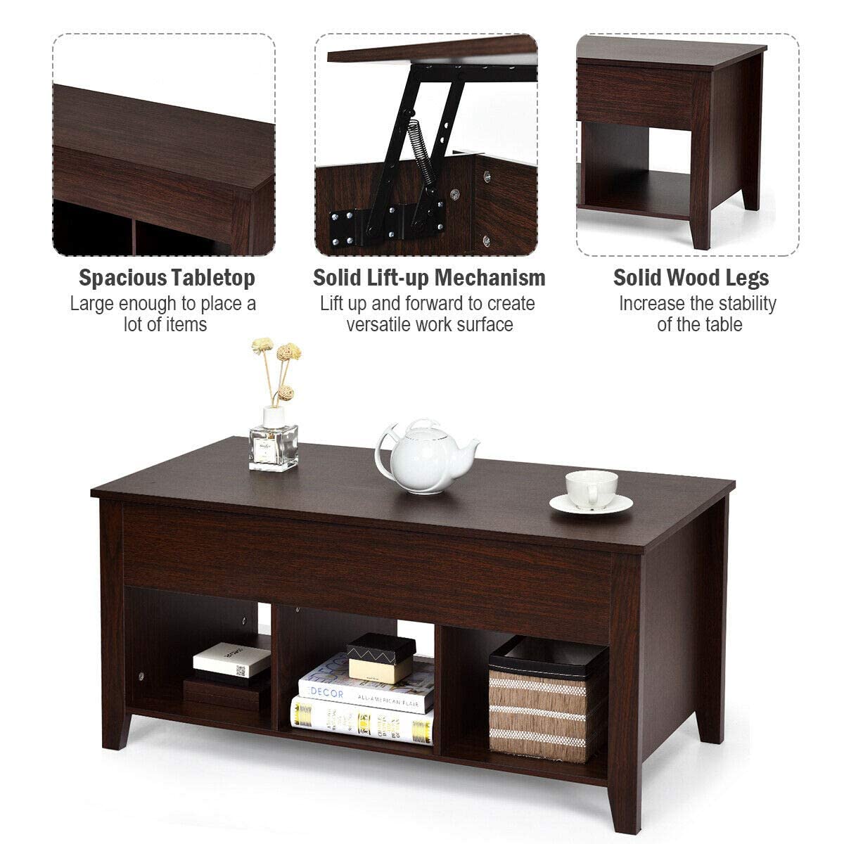 Wood Lift Top Coffee Table, Modern Coffee Table - Tangkula