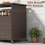 Tangkula Rattan Outdoor Storage Cabinet with Acacia Wood Countertop Open Compartment Storage Shelf