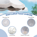 Tangkula 6.5FT Beach Umbrella with Fringe, UPF50+ Outdoor Boho Umbrella with Tassels, Push Button Tilt