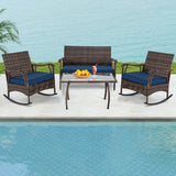 Tangkula 4 Piece Wicker Rocking Set, 2 Patio Rattan Rocker Chairs w/Loveseat & Coffee Table, Heavy-Duty Metal Frame & Bungee Rope Seat
