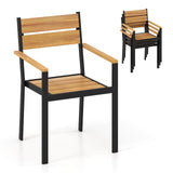 Tangkula Acacia Wood Stackable Patio Chairs Set of 2/4 with Slatted Seats and Metal Frame