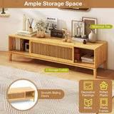Tangkula Bamboo TV Stand for TVs Up to 65”, Mid Century Modern TV Console Table with Slats Sliding Doors & 2 Storage Shelves