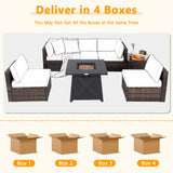 Tangkula 7 Piece Patio Furniture Set w/Fire Pit Table, Patiojoy Outdoor Rattan Conversation Sofa Set