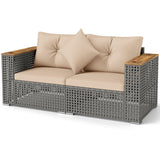 Tangkula 62.5" Large Patio Wicker Loveseat with Acacia Wood Armrests & Cup Holders