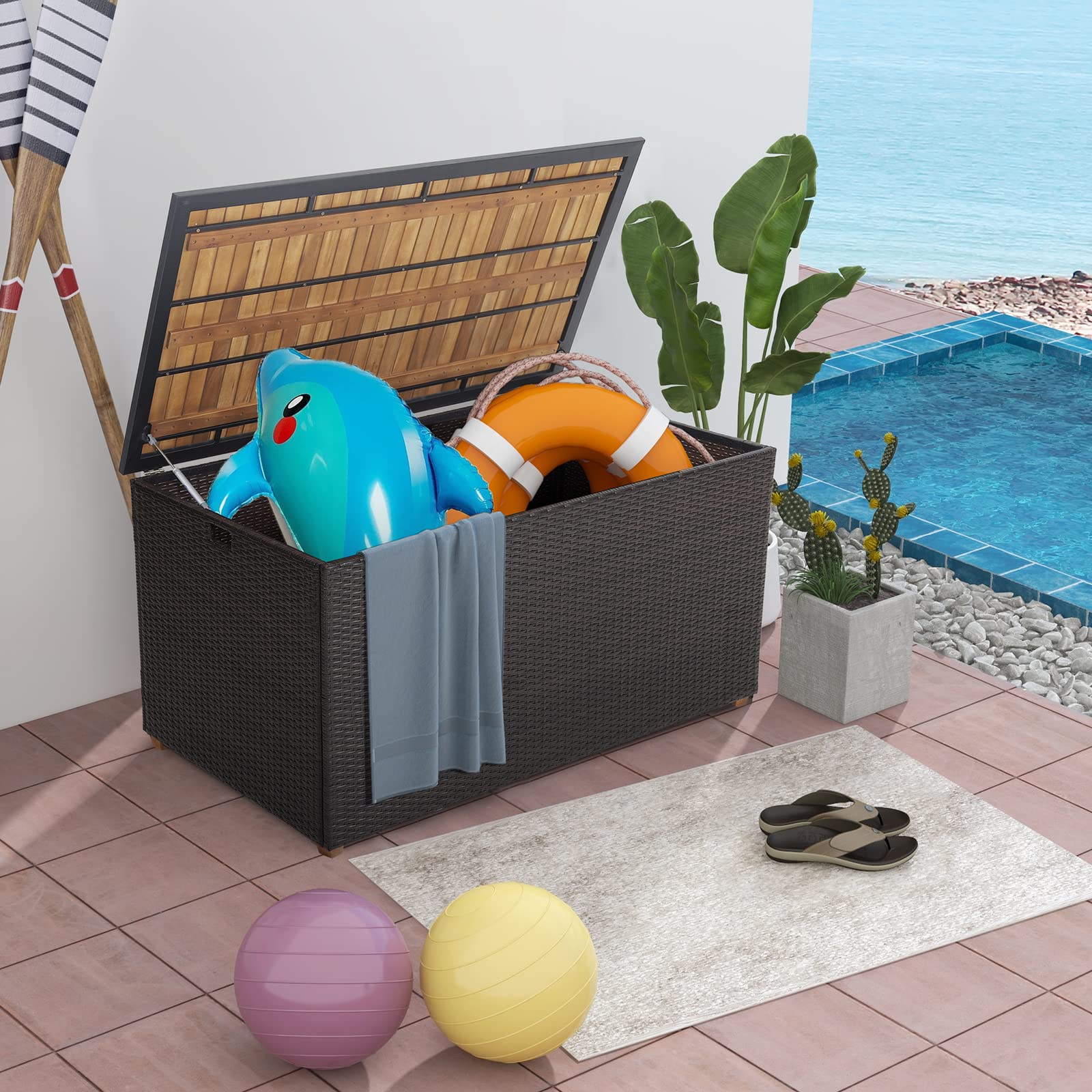 Tangkula 134 Gallon Outdoor Storage Box, Wicker Patio Deck Box with Solid Acacia Wood and Waterproof Zippered Liner
