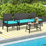Tangkula 4 Pieces Rattan Conversation Set, Patio Sofa Couch Set with Tempered Glass Coffee Table
