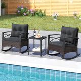 Tangkula 3 Piece Rocking Bistro Set PE Rattan Rocker Chairs with Acacia Wood Top Table