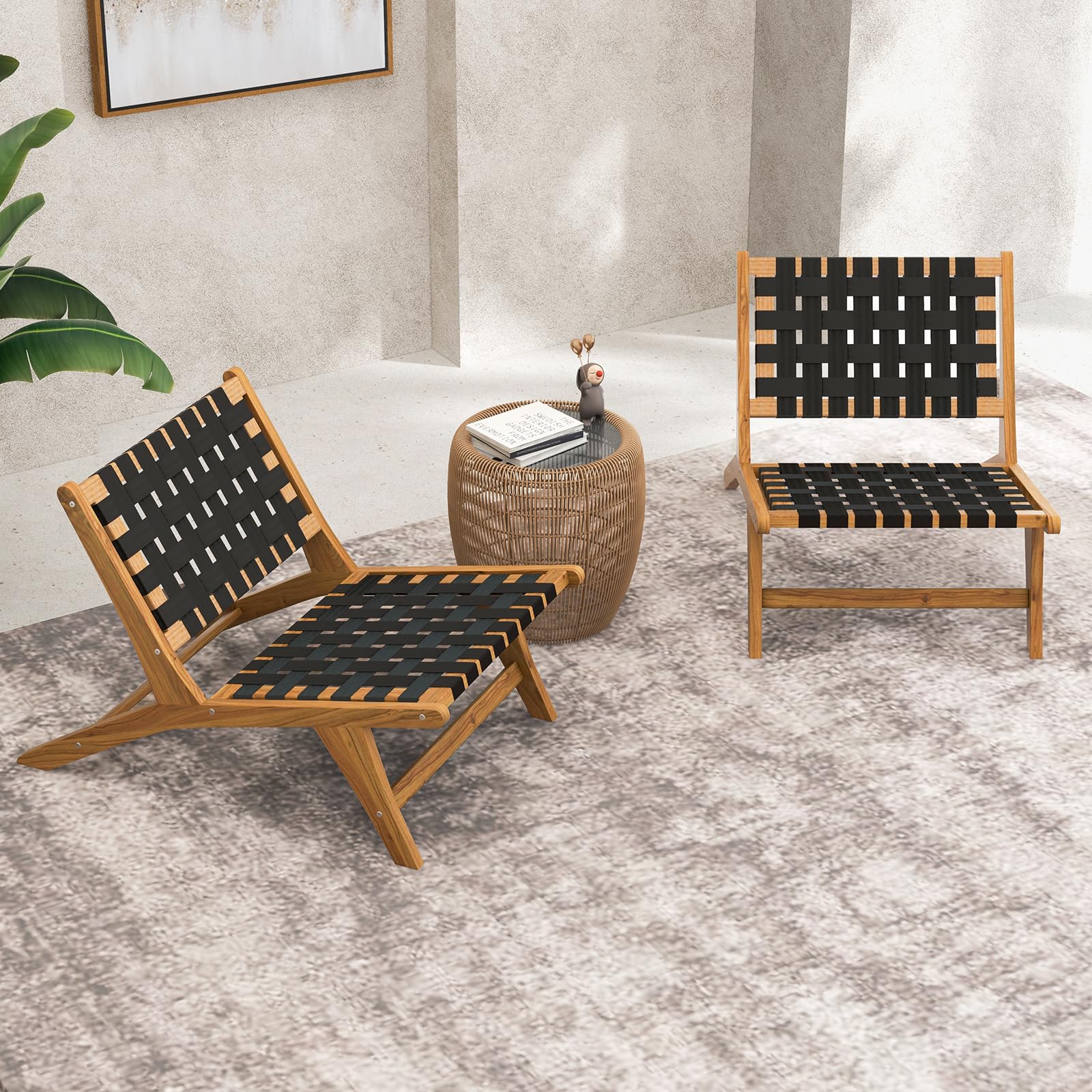Tangkula Teak Wooden Chair, Mid Century Modern Accent Chair with Woven Webbing Seat & Backrest