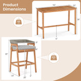 Tangkula 3 Piece Patio Bar Set Outdoor Acacia Wood Counter Height Table with 2 Cushioned Barstools