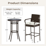 Tangkula 3 Piece Patio Rattan Heavy Duty Bar Height Glass Top Table & Chairs