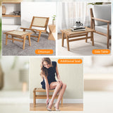 Tangkula Ottoman Footstool, Natural Teak Wooden Foot Rest with Handwoven Rattan