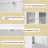 Tangkula Bathroom Floor Storage Cabinet with 2 Drawers and 2 Frosted Glass Doors