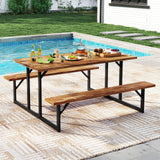 Tangkula 6-Person Acacia Wood Picnic Table with 2 Built-in Benches