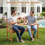 Tangkula 2-Person Acacia Wood Outdoor Bench W/X-Shaped Backrest