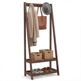 Tangkula Freestanding Rubber Wood Garment Rack with 3 Hooks and 2 Shelves