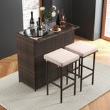 Tangkula 3 Pcs Patio Bar Set, Outdoor Rattan Bar Table and 2 Stools with Tempered Glass Tabletop, 2-Tier Storage