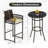Tangkula Outdoor Heavy Duty Wicker Bar Height Table & 2 Cushioned Barstools