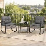 3-Piece Outdoor Rocking Chair Set w/ 2-Tier Glass-Top Side Table