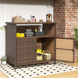 Tangkula Rattan Outdoor Storage Cabinet with Acacia Wood Countertop Open Compartment Storage Shelf