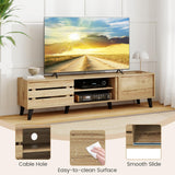 Mid Century Modern TV Stand for 80 Inch TVs with Sliding Door Cabinets and Storage Shelves