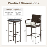 Tangkula 3 Piece Outdoor Bar Set Patio Rattan Heavy Duty Bar Height Glass Top Table & Chairs
