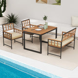 Tangkula 4 Piece Patio Dining Set, Outdoor Wood Dining Furniture W/ 2 Chairs & 1 Loveseat, 47” Acacia Wood Table W/Umbrella Hole