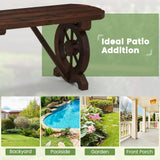 Tangkula Patio Rustic Wood Bench, Carbonized Wood Long Bench with Wagon Wheel Base, Slatted Seat Design