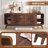 Tangkula Walnut Mid Century Modern TV Stand for 65” TVs with Grille-Style Sliding Doors