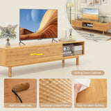 Tangkula Bamboo TV Stand for 65” 70” TVs, 63” Mid Century Modern TV Console Table with Sliding Doors & 3 Storage Compartments