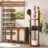 Tangkula Coat Rack Freestanding, Rotary Wooden Coat Tree with 3 Display Storage Shelves & 9 Hooks for Coats