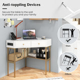 Tangkula Corner Desk with 2 Drawers & Built-in Charging Station, 90 Degrees Triangle Corner Computer Desk
