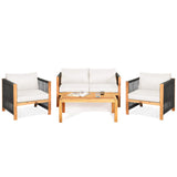 Outdoor Wood Furniture Set, Acacia Wood Frame Loveseat Sofa, 2 Single Chairs and Coffee Table