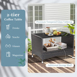 Tangkula 4 Pieces Patio Furniture Set, Patiojoy Outdoor PE Wicker Conversation Set with Soft Cushions and Tempered Glass Tabletop