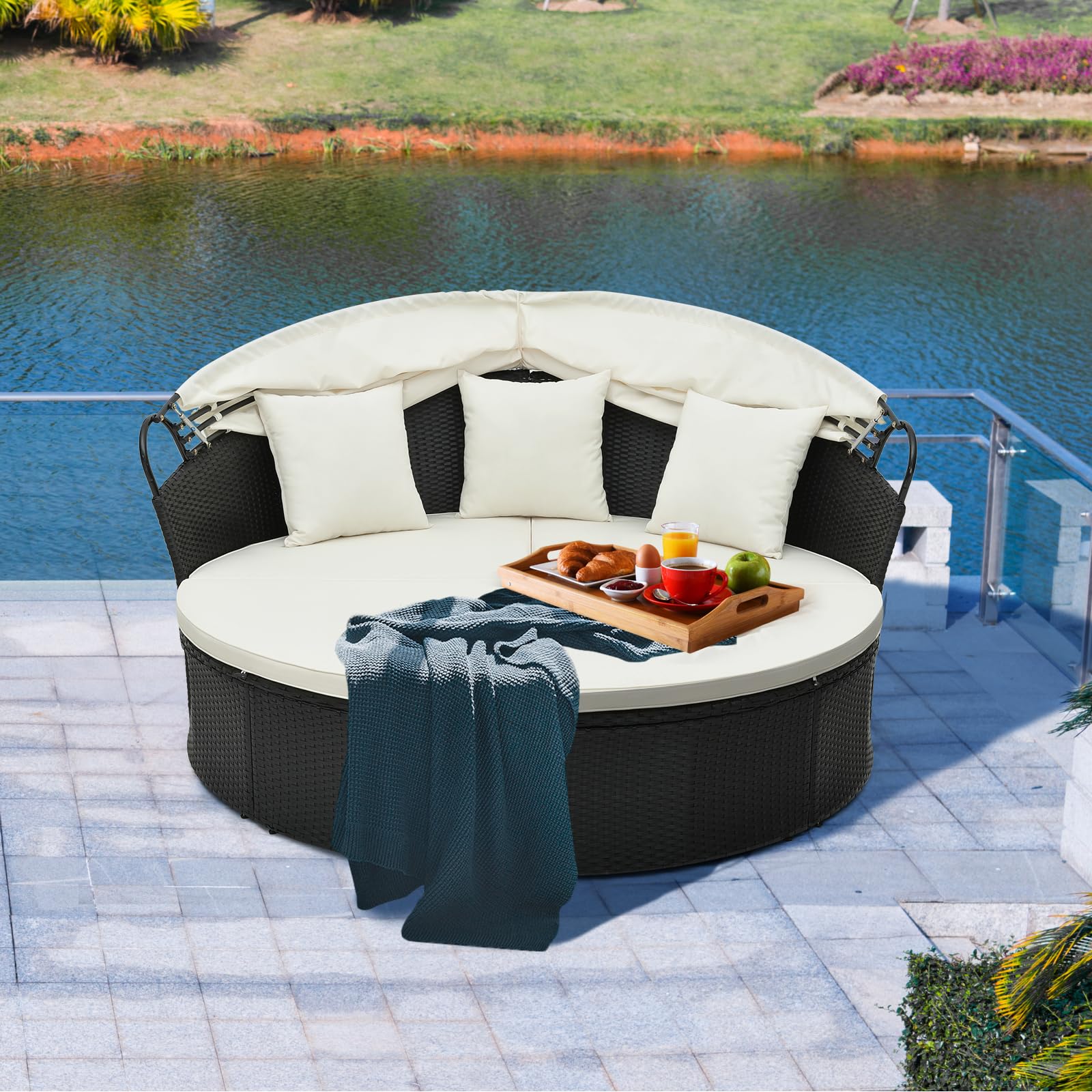 Tangkula Outdoor Patio Round Daybed with Retractable Canopy