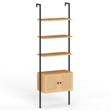 Tangkula Wall-Mounted Ladder Shelf with Rattan-Door Cabinet